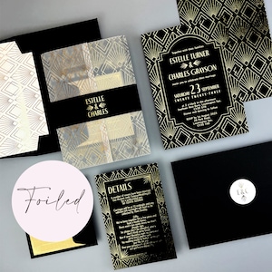 NUR DAS MUSTER * Estelle Hochzeitseinladung mit Foliendruck, Pergament und Bauchband