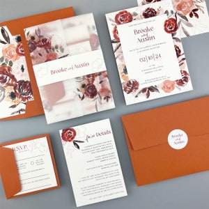 SAMPLE ONLY * Brooke Parcel Wedding Invitation with floral printed vellum and belly band