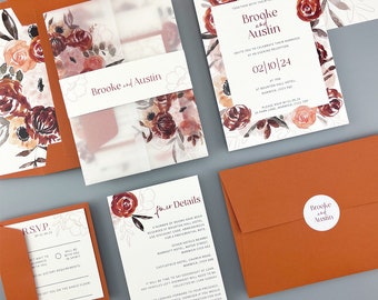 SAMPLE ONLY * Brooke Parcel Wedding Invitation with floral printed vellum and belly band