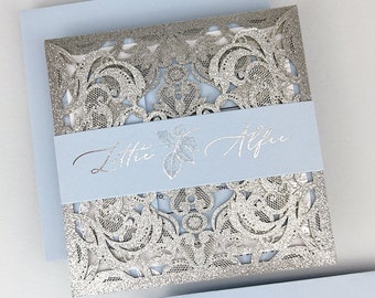 SAMPLE * Lottie with Farrah Sliver Glitter Laser Wedding Invitation with belly band