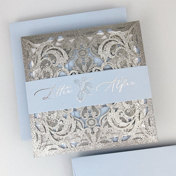 SAMPLE * Lottie with Farrah Sliver Glitter Laser Wedding Invitation with belly band