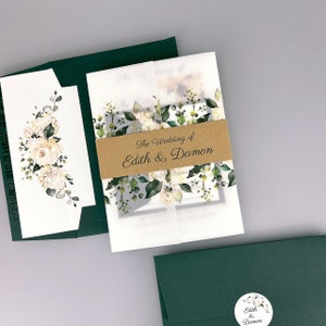 SAMPLE ONLY * Edith Rustic Wedding Invitation with floral printed vellum and belly band