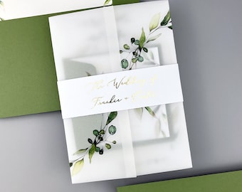 SAMPLE ONLY * Frankie Greenery Foiled Wedding Invitation with printed vellum and belly band