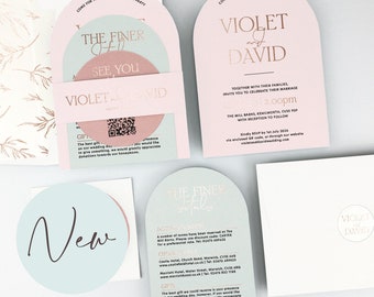 SAMPLE ONLY *Violet Modern Arched Wedding day or evening invitation with belly band