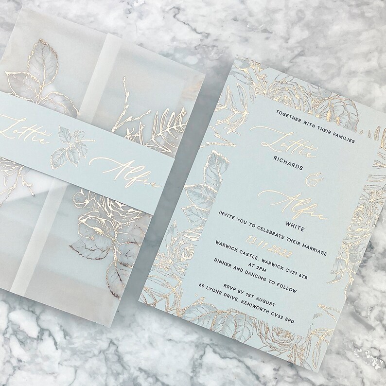 SAMPLE ONLY * Lottie Foiled Wedding Invitation with printed vellum, belly band or wax seal 