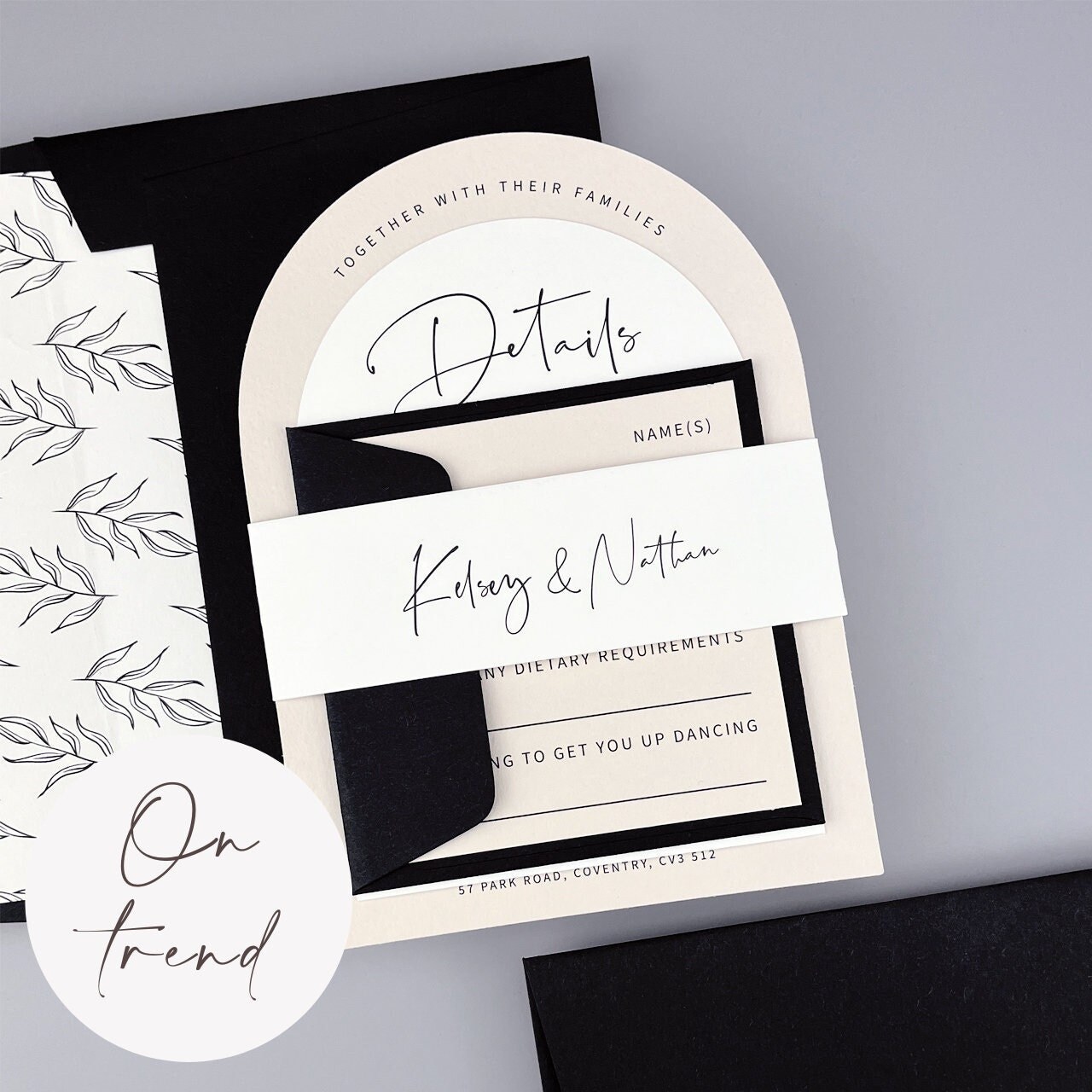 Arch Wedding Invitation | Minimalist Suite with White Ink and Vellum Band