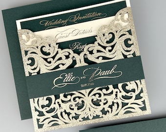 SAMPLE * Gold Glitter Ruby Laser Wedding Invitation with belly band