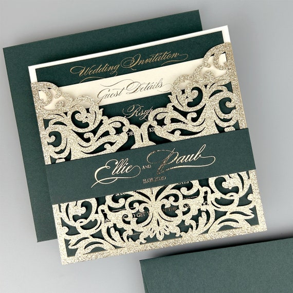 Customized Gold Foil Wedding Invitations with Glitter Bellyband and En