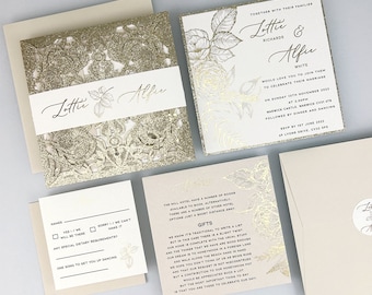 SAMPLE * Lottie with Farrah Gold Glitter Laser Wedding Invitation with belly band