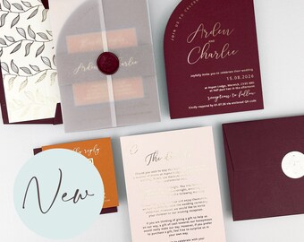 SAMPLE ONLY *Arden Foiled Arched Wedding Invitation with vellum and belly band