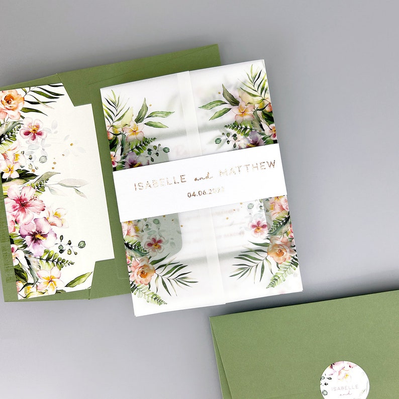 SAMPLE ONLY Isabelle Foiled Wedding Invitation with floral printed vellum and belly band image 2
