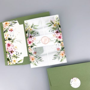 SAMPLE ONLY Isabelle Foiled Wedding Invitation with floral printed vellum and belly band image 4