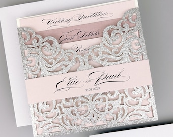 SAMPLE * Silver Glitter Ruby Laser Wedding Invitation with belly band