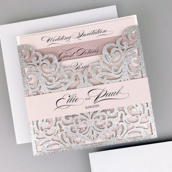 SAMPLE * Silver Glitter Ruby Laser Wedding Invitation with belly band