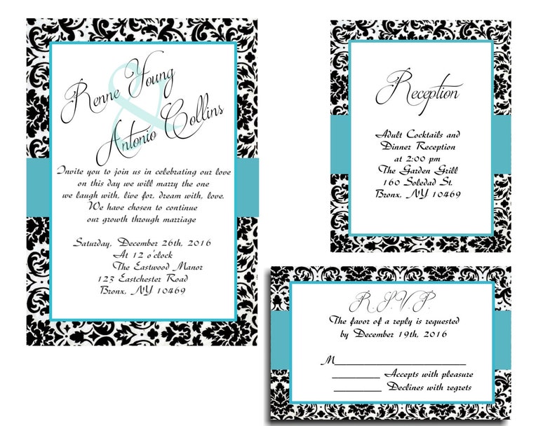 25 Blue Black Damask Wedding Invitations Rsvp And Reception Etsy