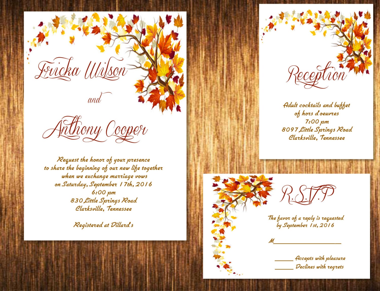 25 Autumn Leaves Wedding Invitations Rsvp And Reception Cards Etsy