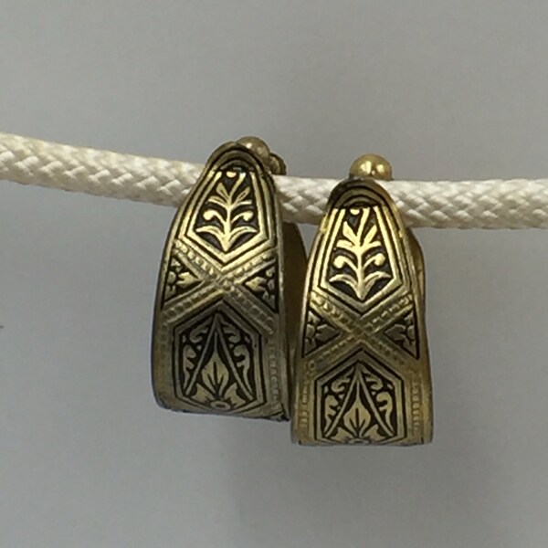 1950s-60s DAMASCENE EARRINGS - Made In Spain - Inlaid Multiple Metals Set In Brass - Clip on / Screwbacks