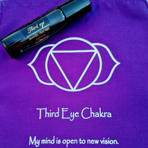 May include: Purple fabric pouch with a white third eye chakra symbol and text that reads "Third Eye Chakra" and "My mind is open to new vision. I expand my awareness through my higher self." A small brown glass bottle with a black cap and white text that reads "Third eye lavender, clary sage, rosemary, frankincense" is on top of the pouch.