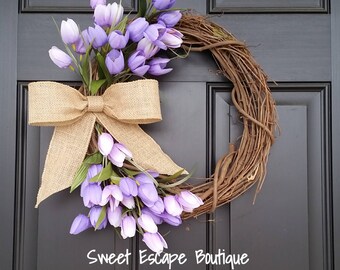 Meilleure vente | Couronne de tulipes | Plusieurs options de couleur | Couronne de printemps | Fête des Mères | Nœud en toile de jute | Cadeaux pour elle | Couronne de porte d'entrée