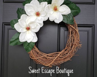 Magnolia Flower Wreath | Spring Wreath | Farmhouse Style Wreath | Eucalyptus Leaves | Rustic Decor | Summer Wreath