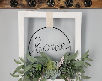Home Sign with Wire Font and White Wood Frame | Succulents and Greenery | Wall Sign | Farmhouse Style