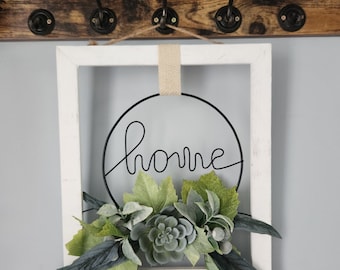 Home Sign with Wire Font and White Wood Frame | Succulents and Greenery | Wall Sign | Farmhouse Style