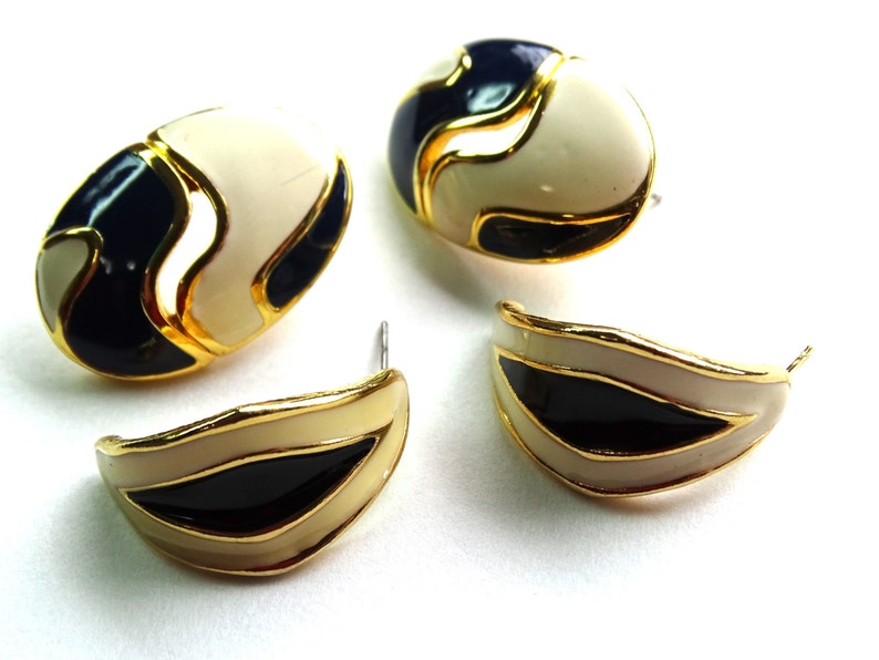 Navy Blue and Cream enamel earrings
