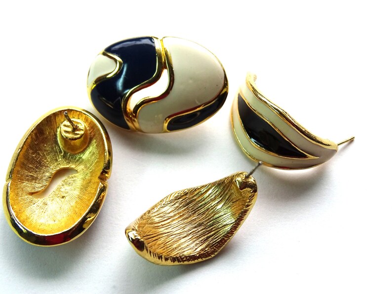 Navy Blue and Cream enamel earrings