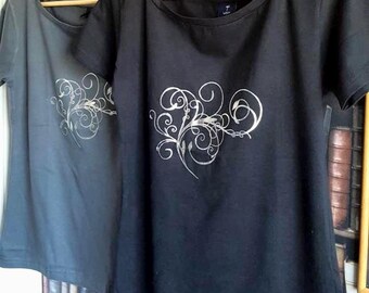 Floral Twirls Cotton T-shirt - Slouchy Boat Neckline, Silver Design
