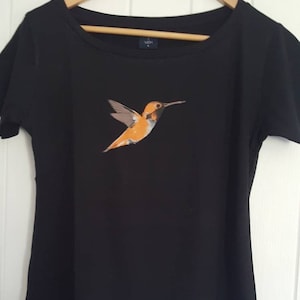 Slouchy Hummingbird Women's T-shirt - Black, Grey Colours - Ladies Tops - ORANGE Hummingbird Tee - 8. 10, 12, 14 UK Sizes - Bird Top