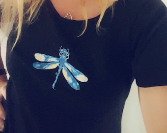 Slouchy Cotton T-Shirt - Blue Dragonfly Boat Neck Top