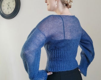 Ribbed Waist Balloon Sleeves Dark Blue Mohair&Silk Sweater All Seasons Soft Lightweight Short