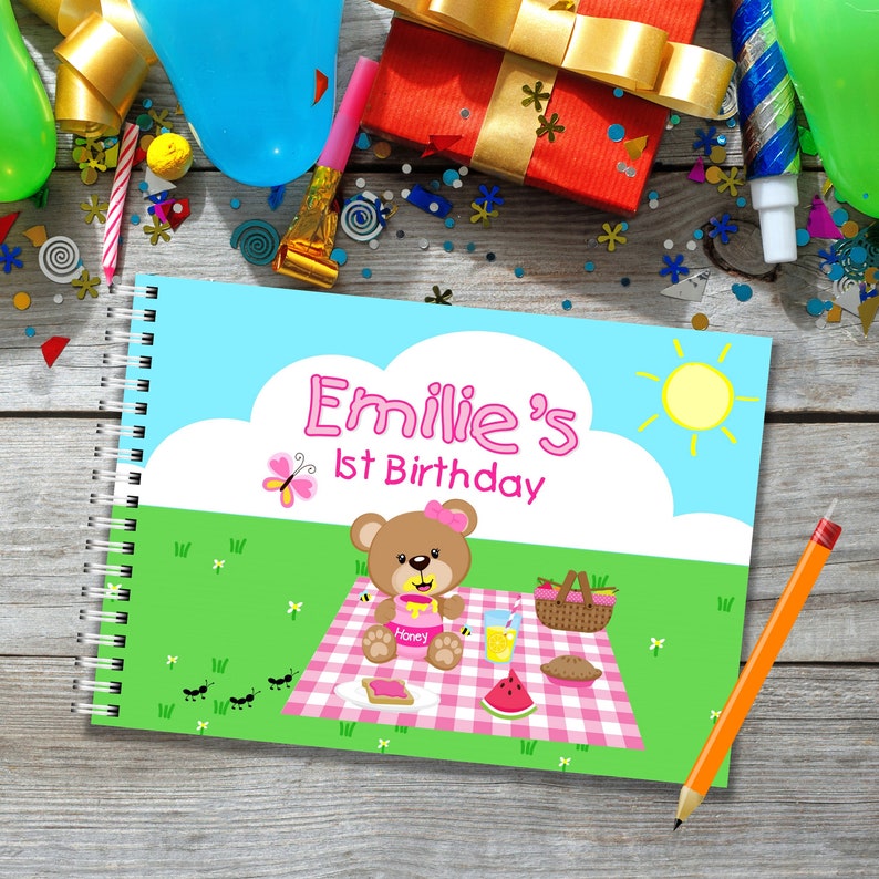 Teddy Bear's Picnic Child's 1st Birthday Keepsake Guest Book A5 size image 1