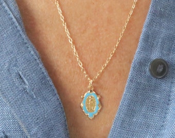 3 COLORS AVAILABLE - Gold & Blue Turquoise White Black Enamel Virgin Mary Necklaces