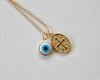 Gold Plated Bronze Oval Cross Necklace with Evil Eye