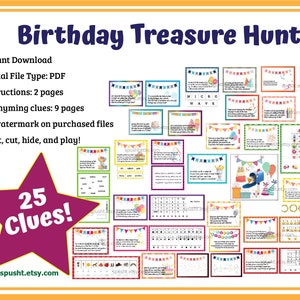 Birthday Scavenger Hunt for Kids, Birthday Treasure Hunt, Indoor Treasure Hunt Clues, Birthday Celebration, Printable Scavenger Hunt Cards image 1