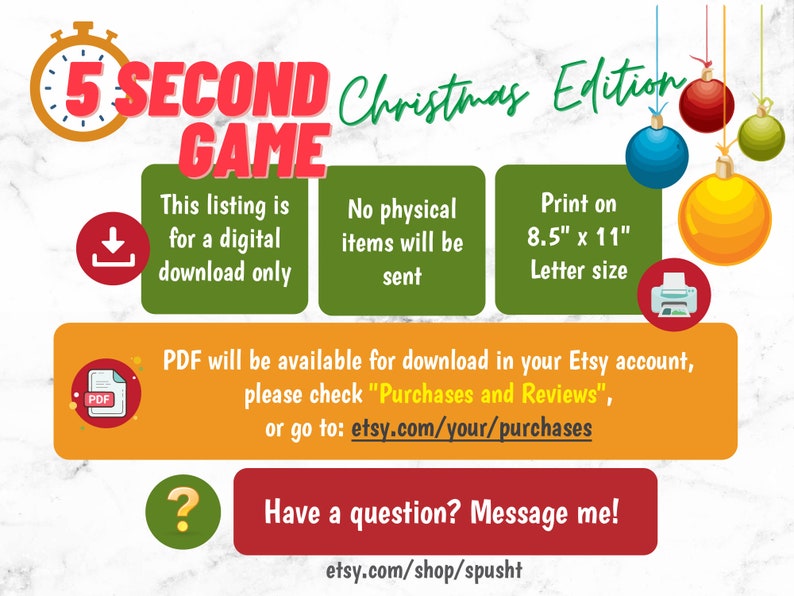 Christmas 5 Second Game, Holiday Game for Work, Fun Christmas Party Games, for Large Group, Name Three, Minute to Win It, Family Game Night image 7