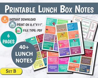 Printable Lunch Notes for Kids, 40 Unique Lunch Cards, Positive Message Lunchbox Notes, Motivational School Note for Lunch, Digital Download