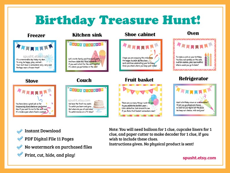 Birthday Scavenger Hunt for Kids, Birthday Treasure Hunt, Indoor Treasure Hunt Clues, Birthday Celebration, Printable Scavenger Hunt Cards image 5