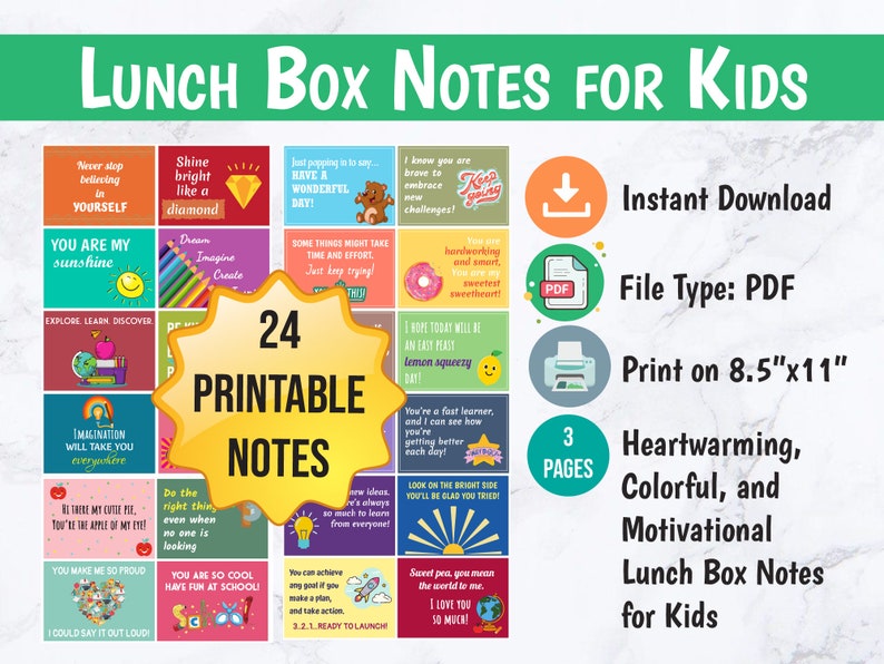 Lunch Box Notes for Kids Printable Lunchbox Notes Elementary image 1
