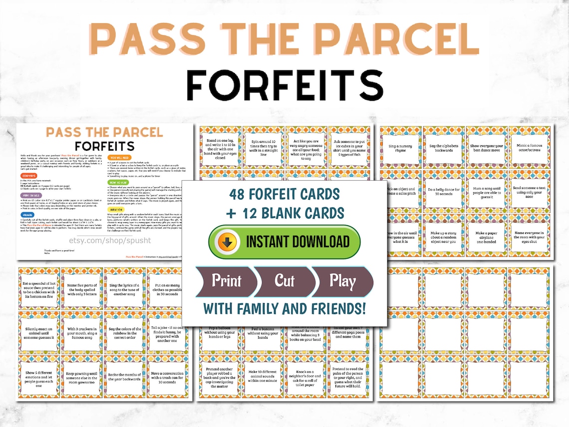 Pass the Parcel Game Forfeits, Birthday Party Game Printable, Icebreaker, Group Game, Family
