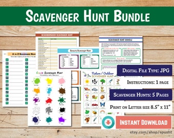 May include: A printable scavenger hunt bundle with five different themes: A to Z, Neighborhood, Sensory, Color, and Nature/Outdoor. The bundle includes instructions and is designed to be printed on letter size paper (8.5" x 11").