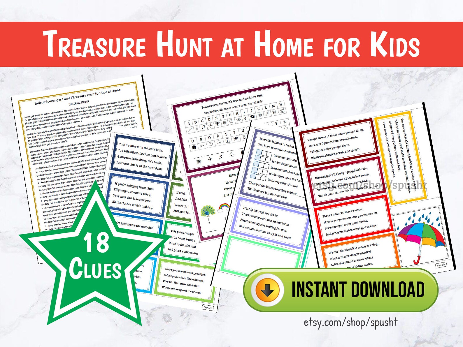 Scavenger Hunt for Kids, Treasure Hunt for Kids, Indoor Scavenger Hunt Clues, Printable Indoor ...