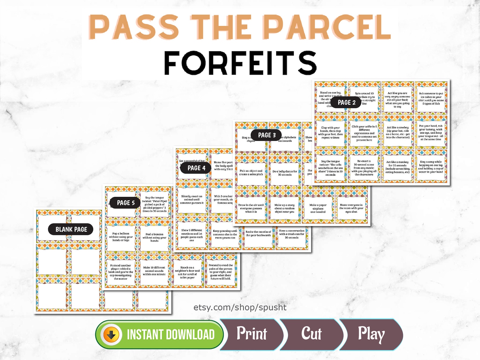 Pass the Parcel Game Forfeits, Birthday Party Game Printable, Icebreaker, Group Game, Family