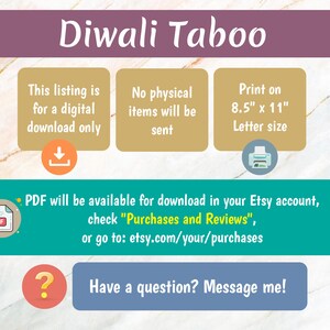 May include: Digital download announcement with the title "Diwali Taboo" in a decorative font. The image includes text boxes stating the listing is for a digital download, no physical items are sent, and the print size is 8.5" x 11".