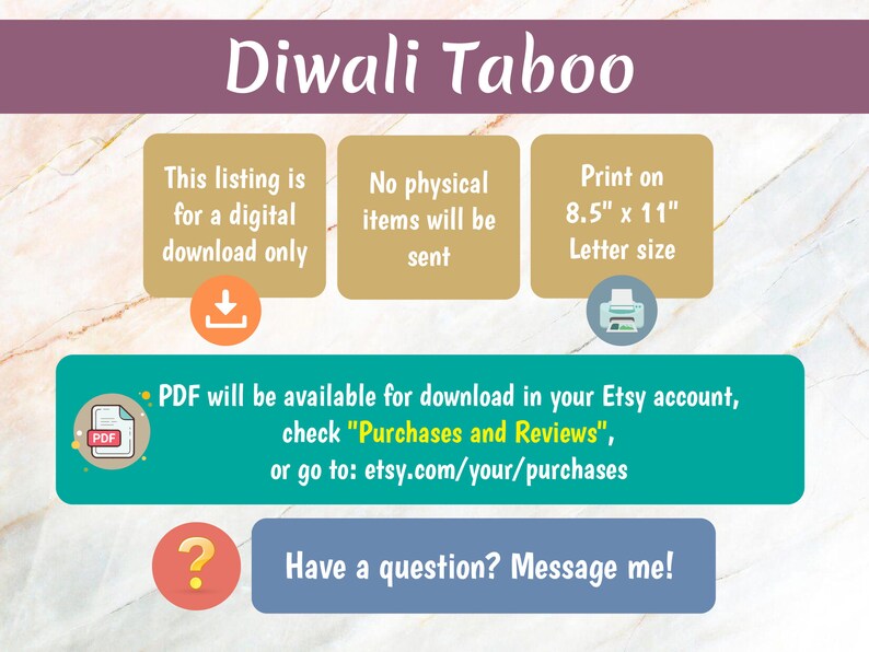 May include: Digital download announcement with the title "Diwali Taboo" in a decorative font. The image includes text boxes stating the listing is for a digital download, no physical items are sent, and the print size is 8.5" x 11".