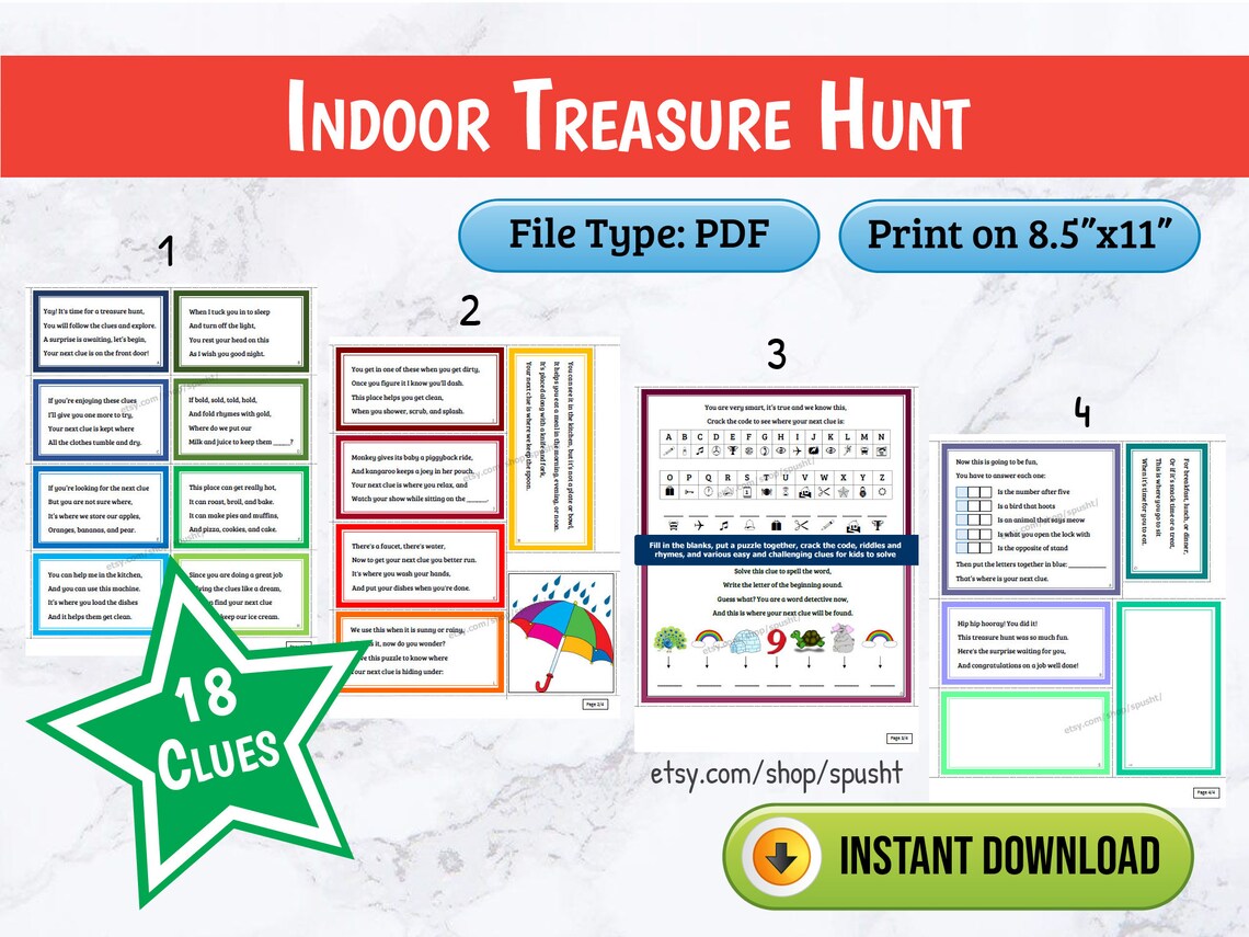 Scavenger Hunt for Kids, Printable Indoor Treasure Hunt, Rhyming Clues ...