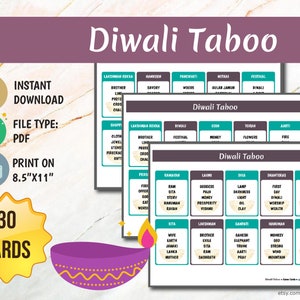 May include: A printable Diwali Taboo game with 30 cards, available as an instant PDF download. The design features a purple and gold color scheme, with the title "Diwali Taboo" at the top. The cards are designed to print on 8.5"x11" paper.