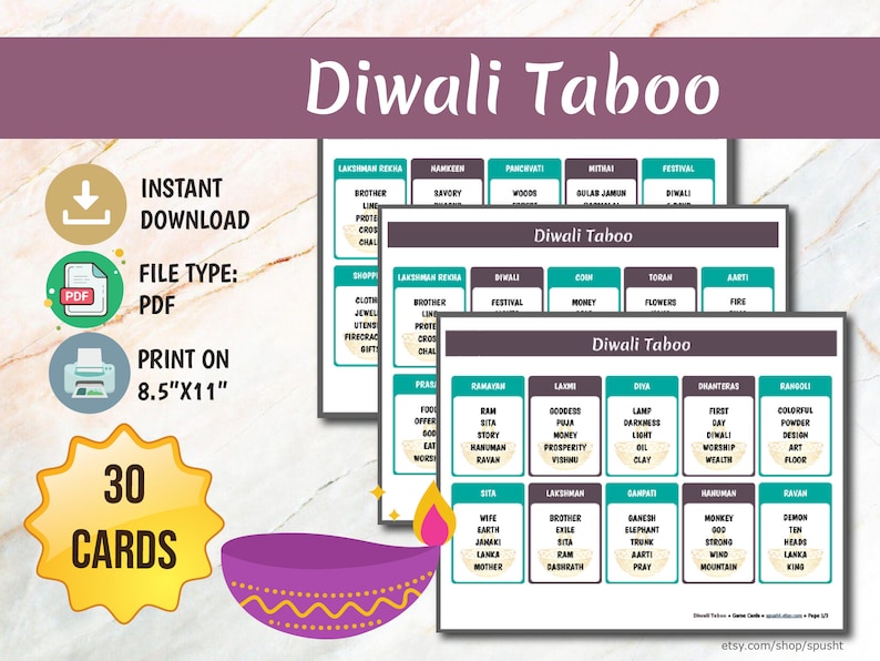 May include: A printable Diwali Taboo game with 30 cards, available as an instant PDF download. The design features a purple and gold color scheme, with the title "Diwali Taboo" at the top. The cards are designed to print on 8.5"x11" paper.