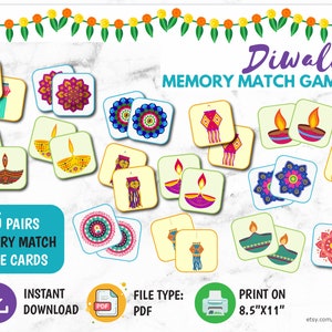 May include: A collection of Diwali-themed memory match game cards. The cards feature colorful illustrations of lanterns, candles, and floral patterns. The text on the cards reads "Diwali Memory Match Game" and "45 Pairs Memory Match Game Cards". The cards are designed to print on 8.5" x 11" paper.